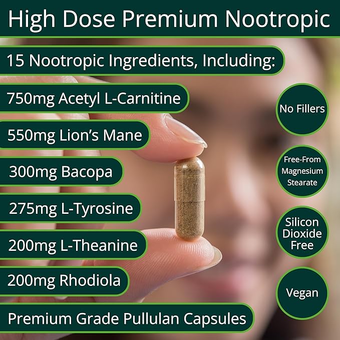 Brain Supplement (120 Capsules) | Memory, Mental Clarity, Focus, Cognitive Performance | Nootropic Supplement with L-Theanine, Acetyl L-Carnitine, Phosphatidylserine, Lion's Mane & More