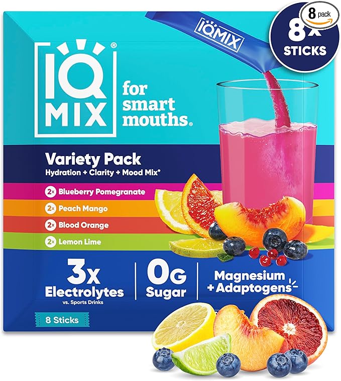 IQMIX Hydration Electrolyte Powder – 4-in-1 Formula for Hydration, Mental Clarity, Mood and Recovery – Sugar-Free Drink Mix, Keto, Magnesium L-Threonate, Lion’s Mane – 8 Count Sampler Pack