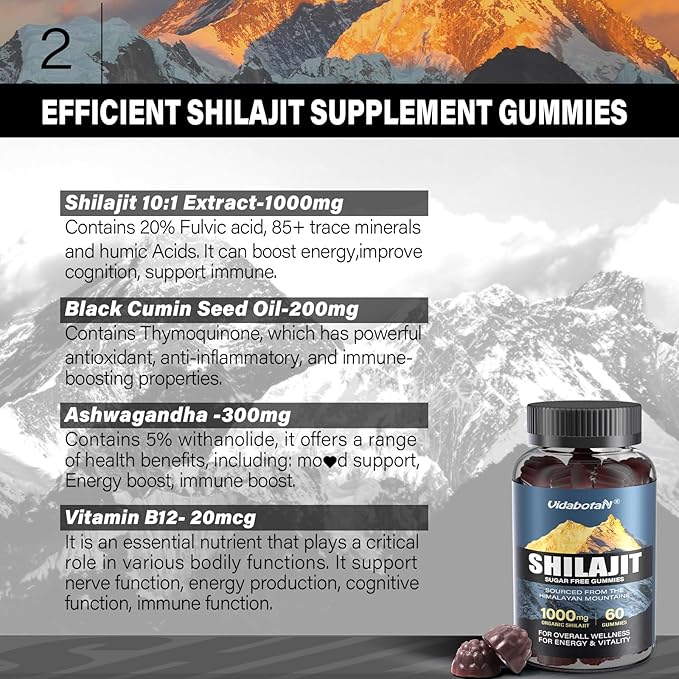 Sugar Free Shilajit Gummies 1000mg – Pure Shilajit Supplement for Men & Women – 85+ Trace Minerals & Fulvic Acid with Ashwagandha- Energy, Brain, Immunity –Mixed Berry Flavor,60 Gummies