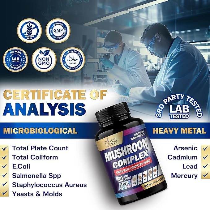 Organic Cadane Mushroom Complex Supplements - Brain Health, Immune System, Memory & Energy Production - 13in1 with Lions Mane Mushroom, Bacopa, Reishi & More - 90 Vegan Capsules