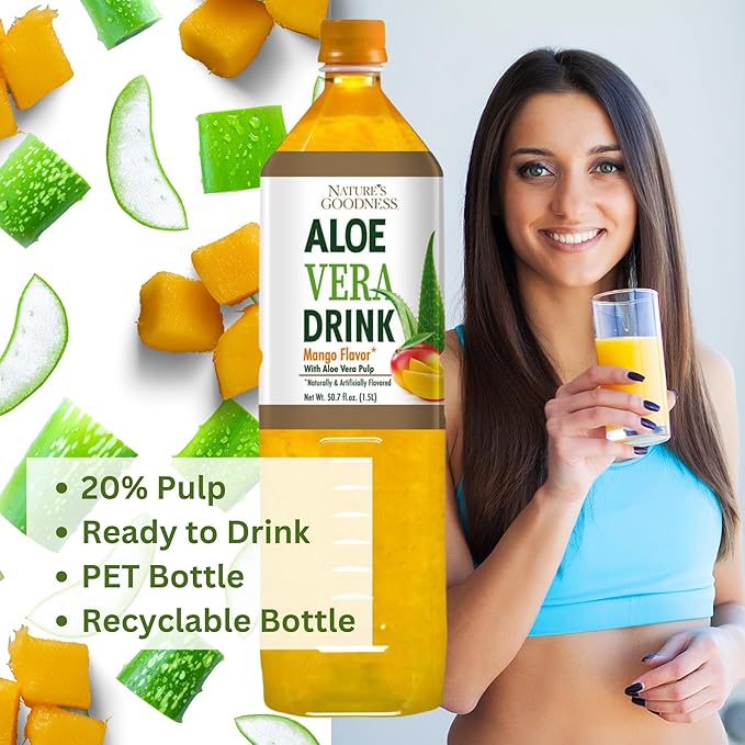 Nature's Goodness Aloe Vera Drink with Pulp Mango Flavor -12 Pack Case - 50.7 Fl Oz (1.5 L) Each - Total 18 Liters - Refreshing Beverage with Real Aloe Vera Juice
