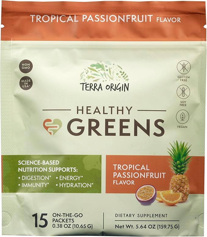 TERRA ORIGIN Greens Powder Superfood Supplement | 15 Packets | Supports Digestion | with Probiotic Blend, Digestive Enzymes, Antioxidants, Spirulina, Chlorella | Tropical Passionfruit