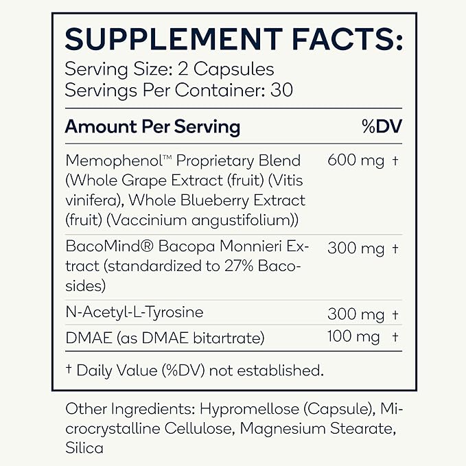 Focus - Premium Cognitive Enhancement Supplement with Natural Nootropics - Memophenol, Bacopa, & DMAE - 60 Veggie Capsules (Focus)