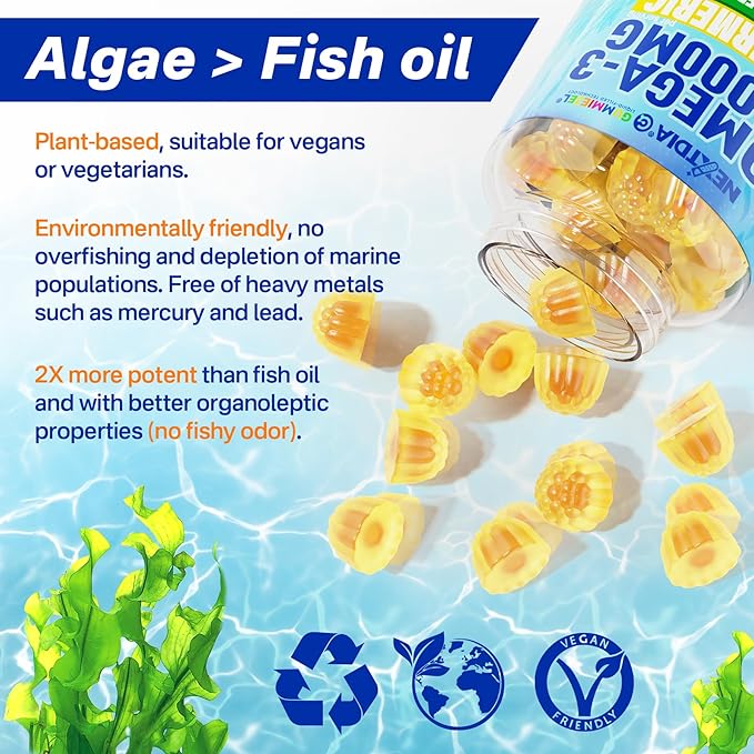 Vegan Omega-3 Gummies 1000mg + Turmeric - Omega 3 Fish Oil Alternative for Adults - Algae DHA 600mg & EPA 300mg, Vitamins A, C, E, Zinc & MSM, Sugar Free, 60 Cts