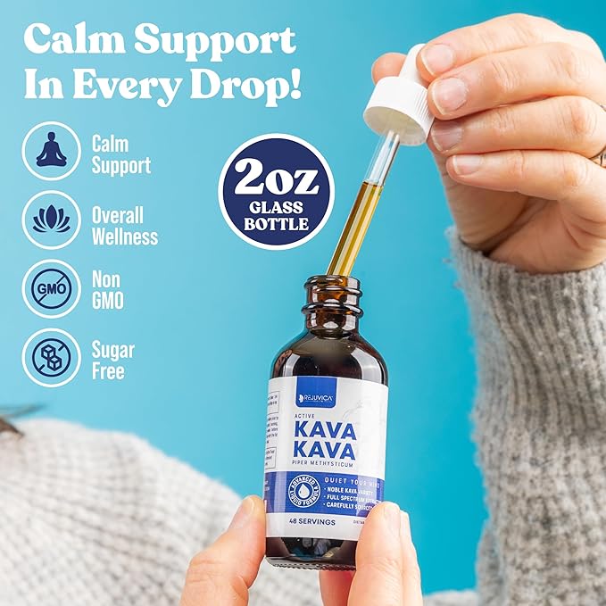Rejuvica Health Kava Kava Root Extract Supplement - Active Kava Kava - Potent Relaxation & Calm - Liquid Extract - Piper Methysticum - Noble Variety - Naturally Occurring Kavalactones - 96 Servings