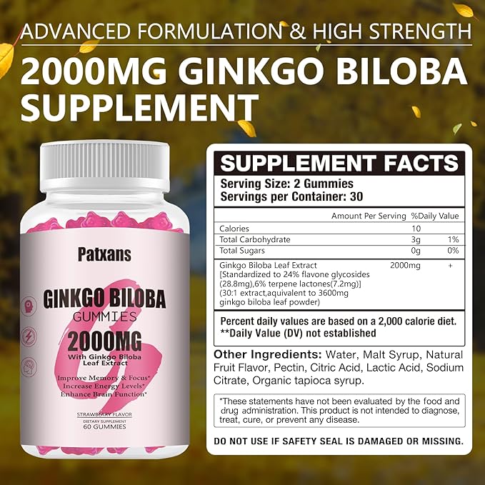 1 Pack 2000mg Ginkgo Biloba Gummies - Ginkgo Biloba Supplements for Brain Health Support, Improve Mood and Focus, Energy, Adult, Vegen, Non-GMO, Strawberry Flavor, 60 Count