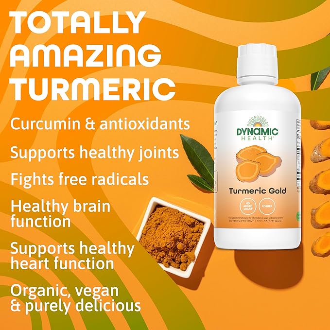 Dynamic Health Turmeric Gold, 100% Juice, Turmeric Supplement, No Additives, Joint Support, Antioxidant, Inflammation, Vegan, Gluten Free, Non-GMO, 32 Fl Oz