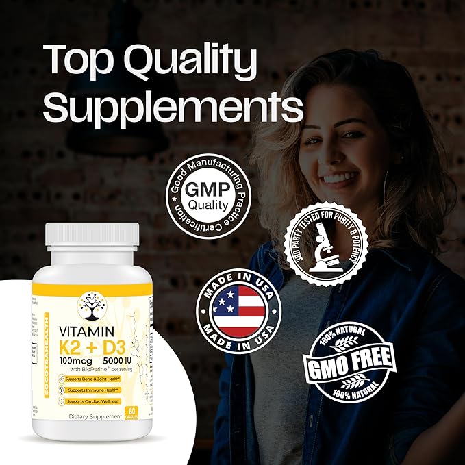 Vitamin D3 K2 Supplement, 5000 IU - Supports Immune and Cardiac Wellness, High Potency, Gluten Free, 60 Capsules