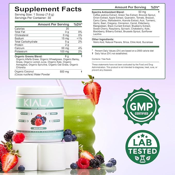 Kiala Nutrition Super Greens, Organic Greens Powder with Spirulina & Chlorella for Digestion, Gut Health, Immunity & Energy, Gluten Free, Vegan, Mixed Berry + Miami Vice, 30 Servings