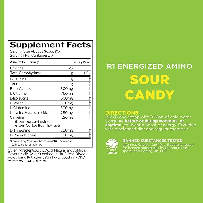 Rule 1 Energized Amino – Anytime Energy and Recovery Support with BCAAs, Glutamine, Citrulline, Beta Alanine, and Caffeine from Green Coffee & Tea Leaf Extracts (30 Servings, Sour Candy)