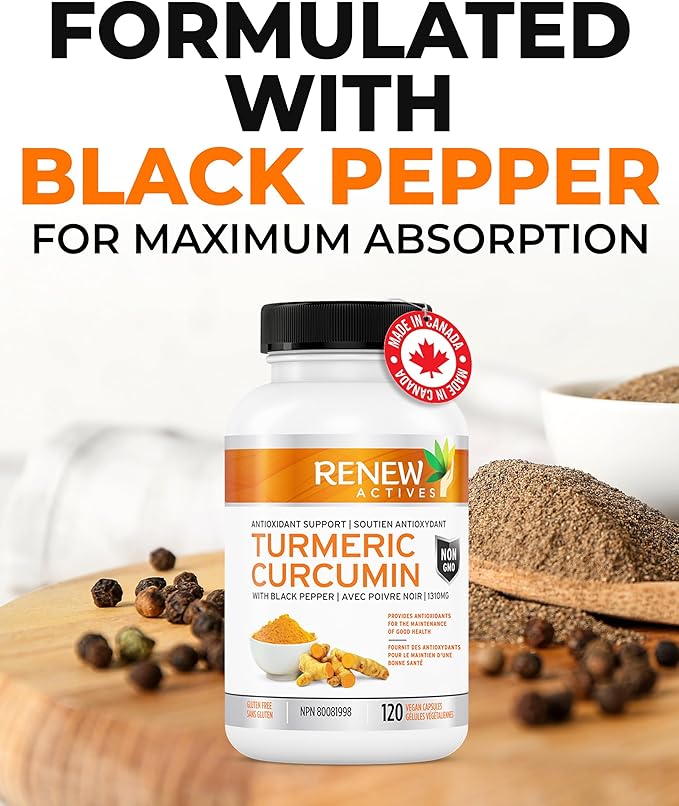 Renew Actives Turmeric Curcumin with Black Pepper – 600MG Turmeric Root, 100MG Curcuminoids per 2 Capsules – Supports Digestion, Liver Health, Joint Relief & Mobility – Made in Canada – 120 Capsules