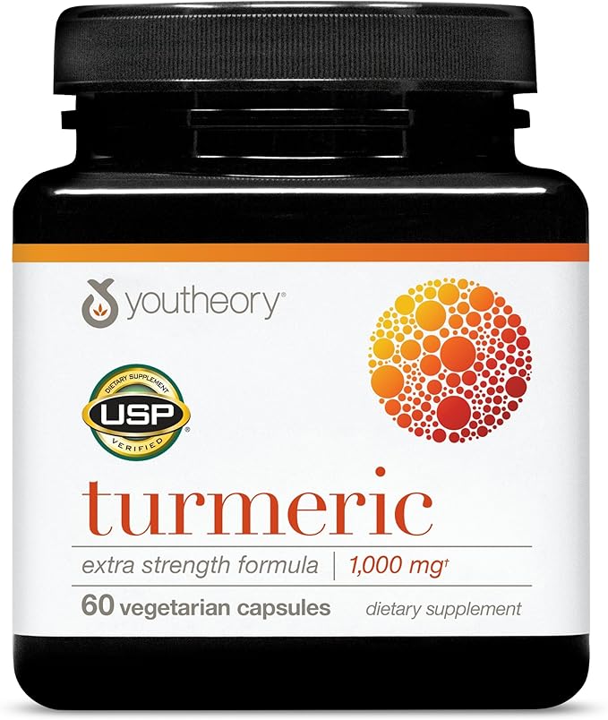 Youtheory Turmeric Extra Strength - 1,000 mg Turmeric Supplement - with 10 mg Black Pepper - Curcumin Joint Support* - Soy, Dairy & Gluten Free - 60 Vegetarian Capsules