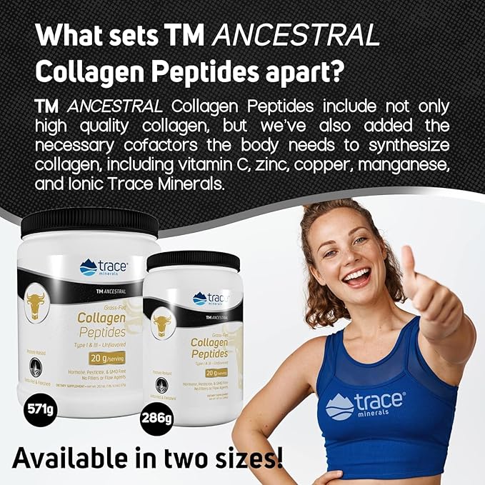 Trace Minerals Collagen Peptides - Healthy Bone & Joint Support - Collagen Supplement Aids Strong Hair, Nails & Skin - Powder Supplement Supports Gut Health - Unflavored, 571g (28 Servings)