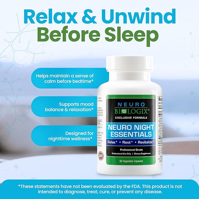 Neuro Night Essentials – Natural Nighttime Support with GABA, Melatonin, Valerian Root, LTheanine, Magnesium & More – Promotes Relaxation, Mood Balance & Rest – 60 Veg Capsules – Made in The USA