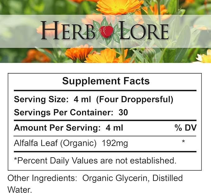 Herb Lore Organic Alfalfa Leaf Tincture – Alcohol Free Liquid Herbal Support Supplement Drops for Pregnancy, Lactation & Overall Wellness (4 fl oz)