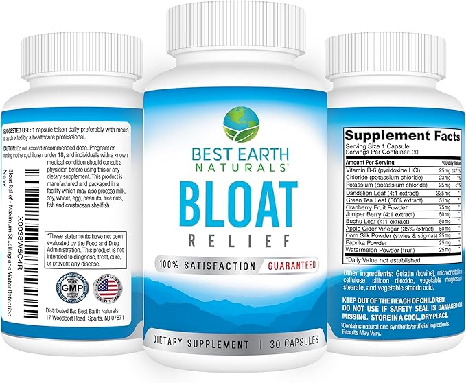 Best Earth Naturals Bloat Relief - Water Supplement with Dandelion, Green Tea, Cranberry, Apple Cider Vinegar & More 30 Count