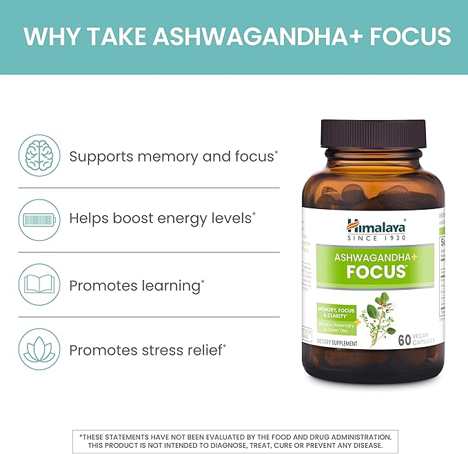 Himalaya Ashwagandha+ Focus with Ashwagandha, Bacopa, Rosemary & Green Tea for Memory, Focus and Clarity, 60 Capsules, 1 Month Supply, Vegan, Gluten Free