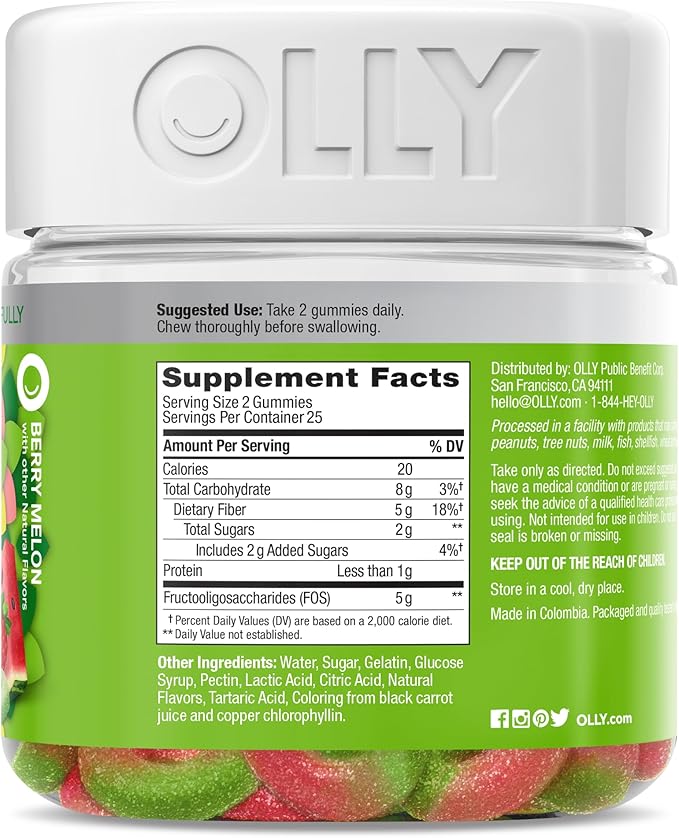 OLLY Fiber Gummy Rings, 5g Prebiotic Fiber, FOS (Fructo-oligosaccharides), Digestive Support, Berry Melon 50ct