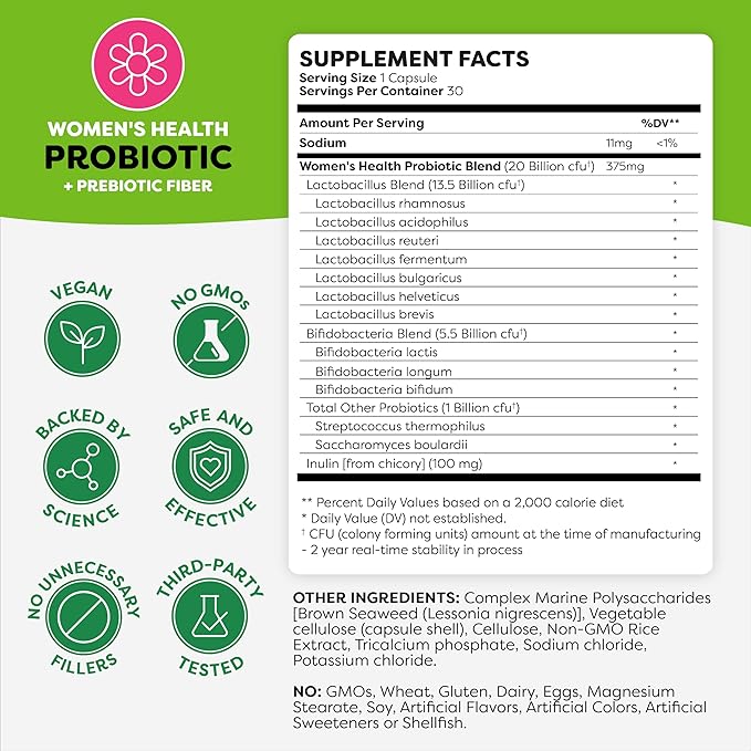 Probulin Women’s Probiotics, Daily Vaginal, Gut and Immune Health Supplement Capsules, 20 Billion CFU, 12 Probiotic Strains, Vegan, 30 Count Bottle