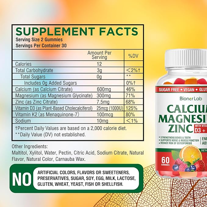 Calcium Magnesium Zinc Gummies with Vitamin D3 & K2 - High Potency Enhanced Absorption - Orange and Berry Flavored