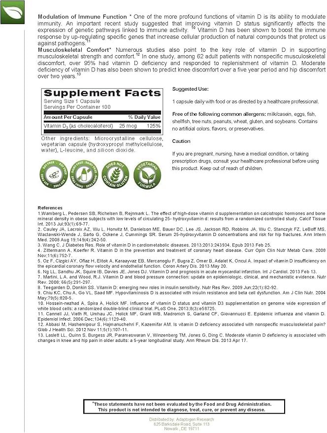 Vitamin D3 1,000 IU High Potency | Vitamin D 1000 (25 mcg) Supplement for Healthy Bones Muscles | Hypoallergenic Supplement for Enhanced Vitamin D Absorption | 100 Vegetarian Caps