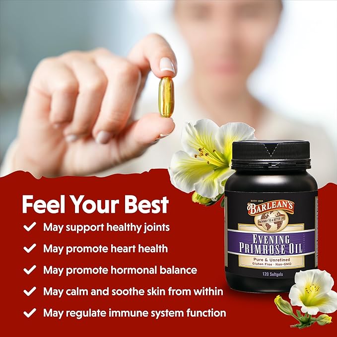 Barlean's Evening Primrose Oil Capsules, GLA Supplement for Men and Women, Healthy Skin, Immune Support and Bone Strength 1300mg Softgels, 120 Count