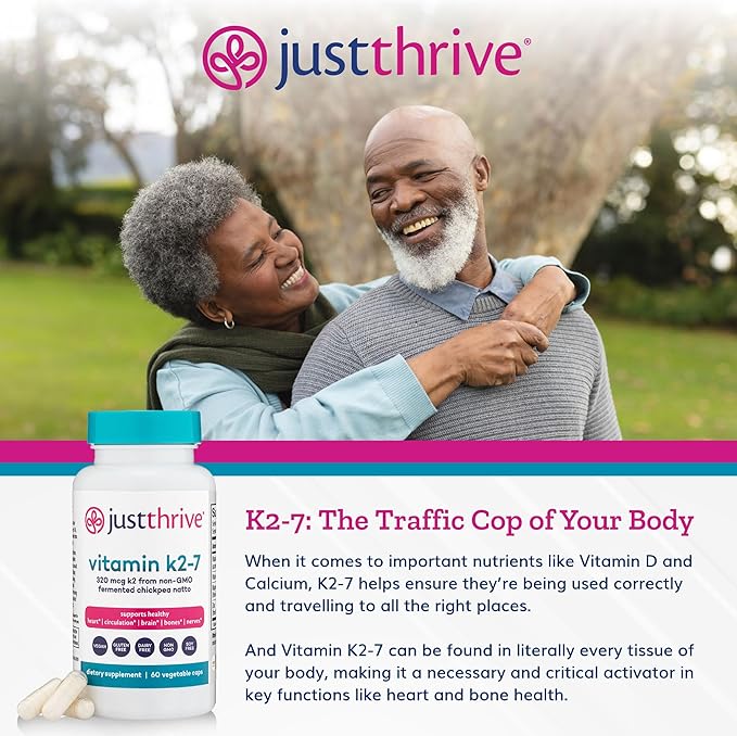 Just Thrive Vitamin K2-7 - Bone, Brain, and Heart Health K2 Vitamin Supplement, 60 Capsules