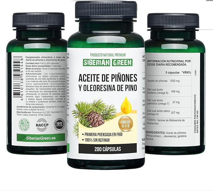Pine Nut Oil w/Pine Resin Capsules 200 Softgels Wild Harvested Siberia Altai Cold Pressed Unrefined
