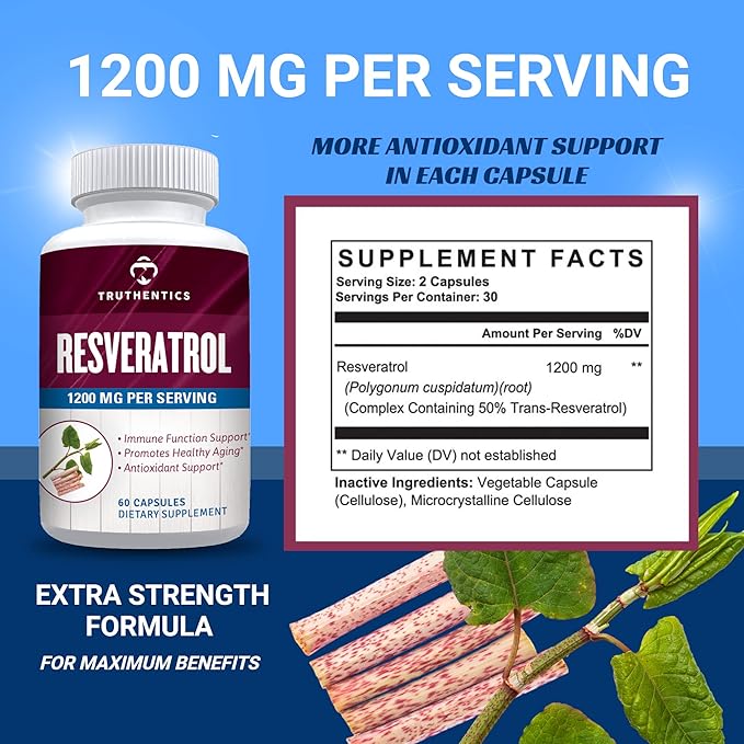 TRUTHENTICS Resveratrol Supplement 1200mg - Japanese Knotweed Capsules - High Potency Trans Resveratrol Nutritional Supplements for Healthy Aging, Vibrant Skin & Immune Health - 60 Vegan Capsules