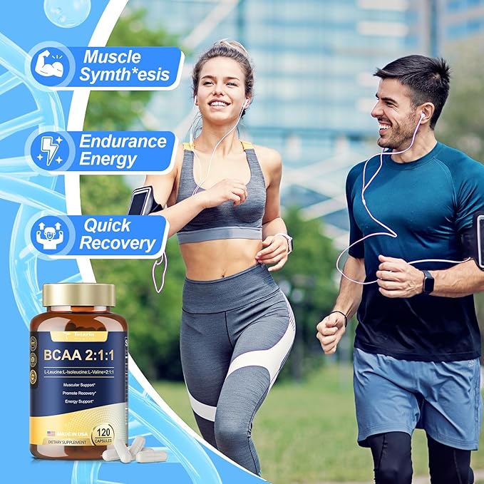 High Purity Branched Chain Amino Acids Supplement - BCAA 2:1:1 Capsules with Creatine Monohydrate, L-Glutamine, Vitamin B6 and Vitamin C for Men & Women, 120 Count