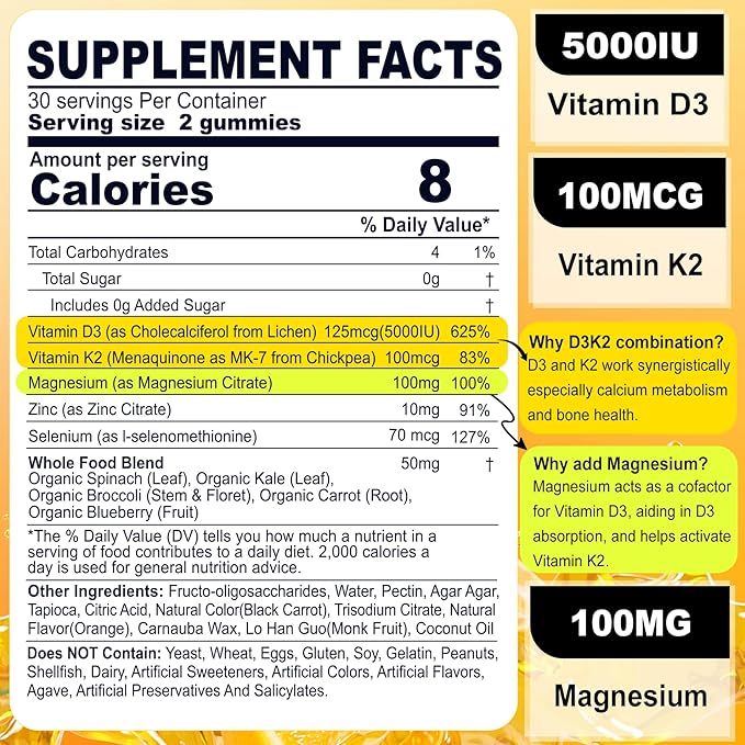 2Pack GABA Gummies 500 mg+ 2Pack Vegan Vitamin D3 5000IU K2 Gummies, Whole Food Blend, Coconut Oil, Magnesium, Zinc