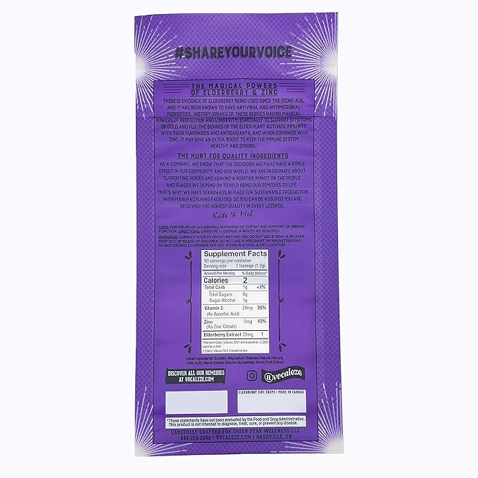 Vocal Eze Elderberry Vitamin C, Zinc Cough Drops (90) | Lozenges to Relieve Sore, Hoarse, Fatigue, Dryness of Throat | Voice & Immune Support, Sugar Free (VeganFriendly)