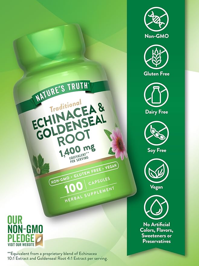 Nature's Truth Echinacea Goldenseal Capsules | 1400mg | 100 Count | Vegan, Non-GMO & Gluten Free Supplement | Herbal Support Complex
