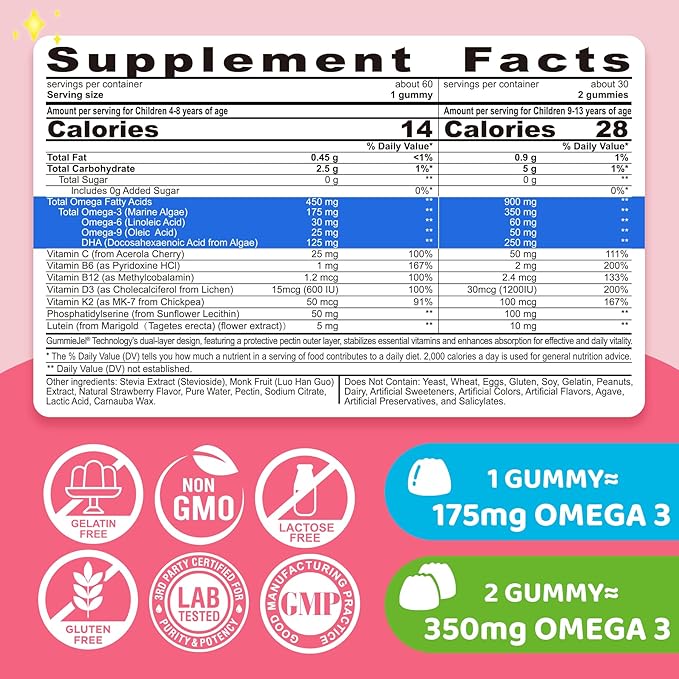 Omega 3 Gummies for Kids 4+, with DHA, Vitamin D3 K2, C, B6 B12, Luetin & Omega 3 6 9, No Fish Taste, Sugar Free Kids Vitamins Gummies, for Brain Bone Eyes Focus Immunity, Fish Oil Alternative, 120Cts