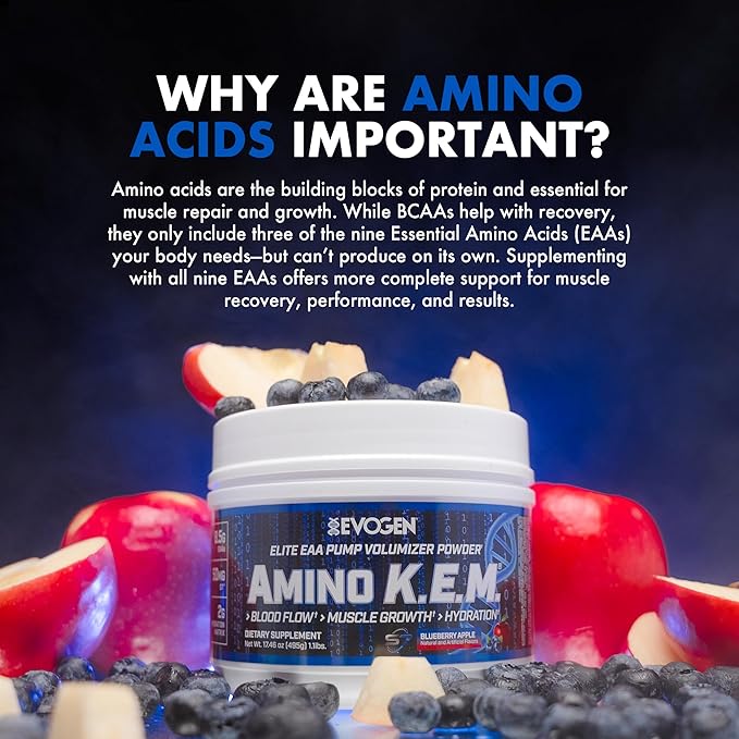 Evogen Amino K.E.M. - EAA & BCAA Powder Pump Volumizer | BCAAs Amino Acids Supplement for Blood Flow, Muscle Growth, & Hydration | Blueberry Apple | 30 Servings