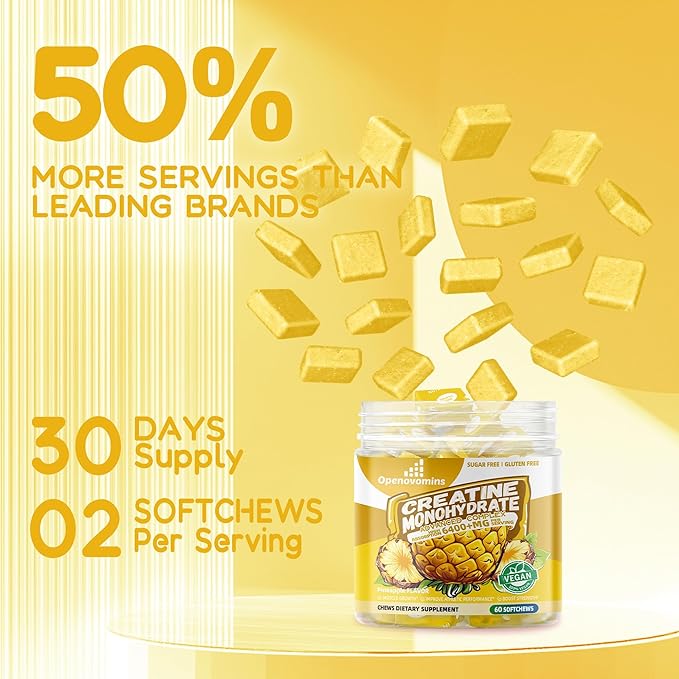 Creatine Monohydrate Soft Chews Complex 6400mg for Men & Women -Advanced Formula W/L-Taurine + Vitamin B12, Sugar Free Chewable Supplement,60 Pineapple Softchews