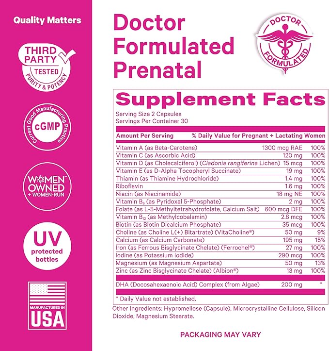 Pink Stork Total Prenatal Vitamins with DHA, Folate, Iron, Choline, and Vitamin B12 - Prenatals for Women to Support Fetal Development, Pregnancy Must Haves, Berry Essence, 60 Capsules, 1 Month Supply