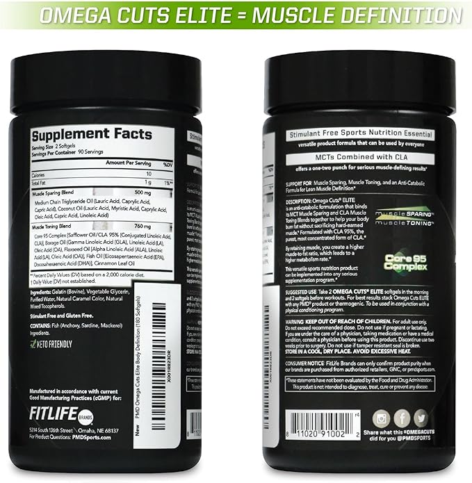 PMD Sports Omega Cuts Elite -Fat Loss-Muscle Defining Formula - Omega Fatty Acids, MCT's and CLA for Muscle Definition and Maintenance - Keto Friendly For Women and Men - Stimulant Free (180 Softgels)