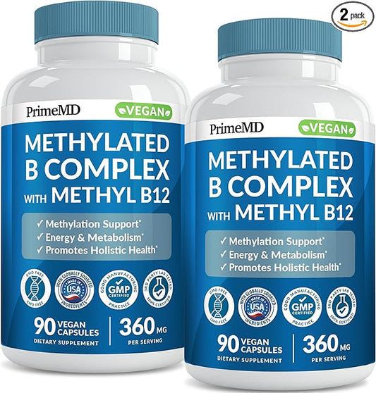 Methylated B Complex with Methylfolate and B12 Methylcobalamin 1000 mcg - Methylated Multivitamin for Energy, Brain Function, and Wellness - Vitamin B Complex for Men & Women (90 Servings) (Pack of 2)