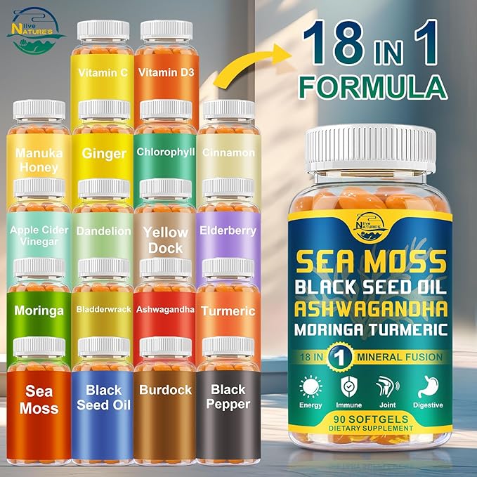 Nature's live Organic Sea Moss Softgels with Black Seed Oil, Ashwagandha, Bladderwrack, Ginger, Burdock Root, Manuka Honey, Cinnamon for Immune System, Skin, Energy, 90 Softgels, 2 Pack
