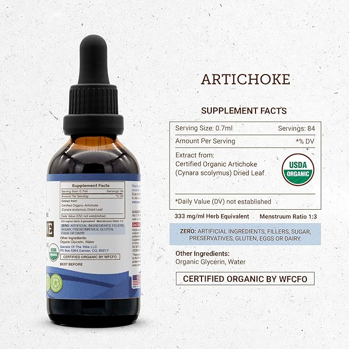 Secrets of the Tribe Artichoke USDA Organic | Alcohol-Free Extract, High-Potency Herbal Drops | Made from 100% Certified Organic Artichoke (Cynara scolymus) Dried Leaf 2 oz