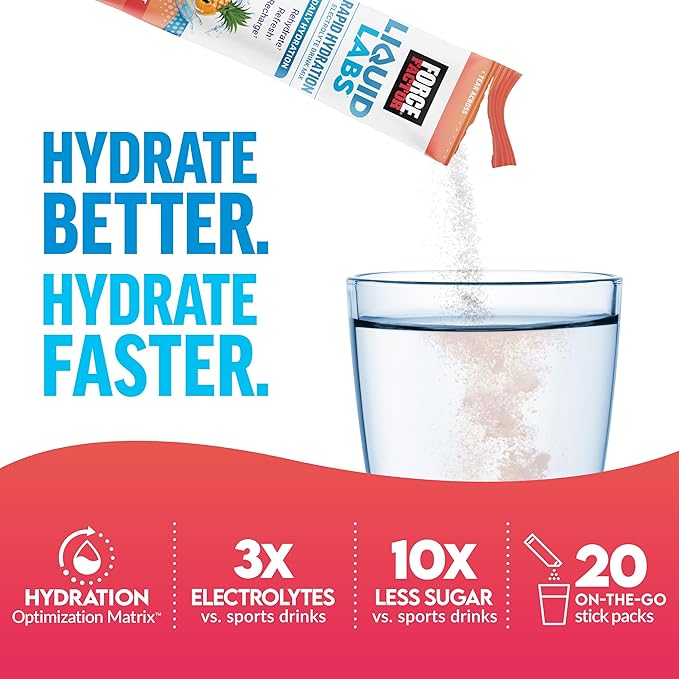 FORCE FACTOR Liquid Labs Electrolytes Powder, Hydration Packets to Make Electrolyte Water with 5 Essential Electrolytes, Vitamins, and Antioxidants, Tropical Fruit Flavor, 40 Stick Packs, 2-Pack
