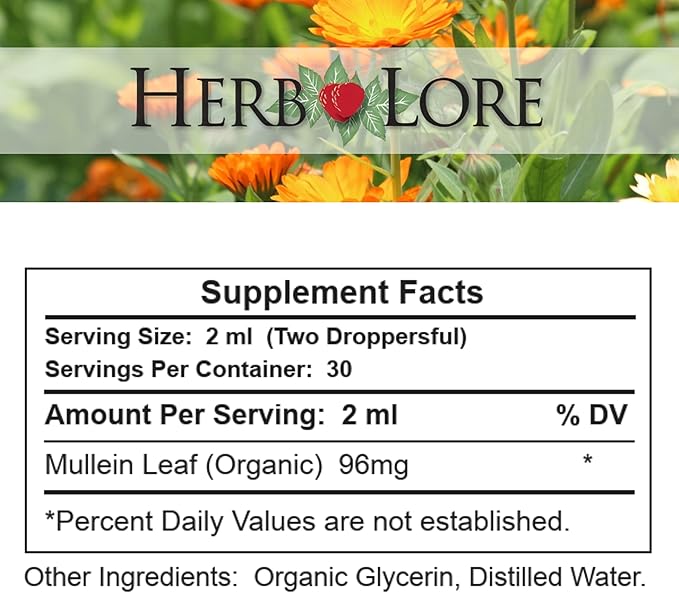 Herb Lore Organic Mullein Tincture Drops - Mullein Leaf Extract for Lungs - Safe for Kids - Alcohol Free (2 fl oz)