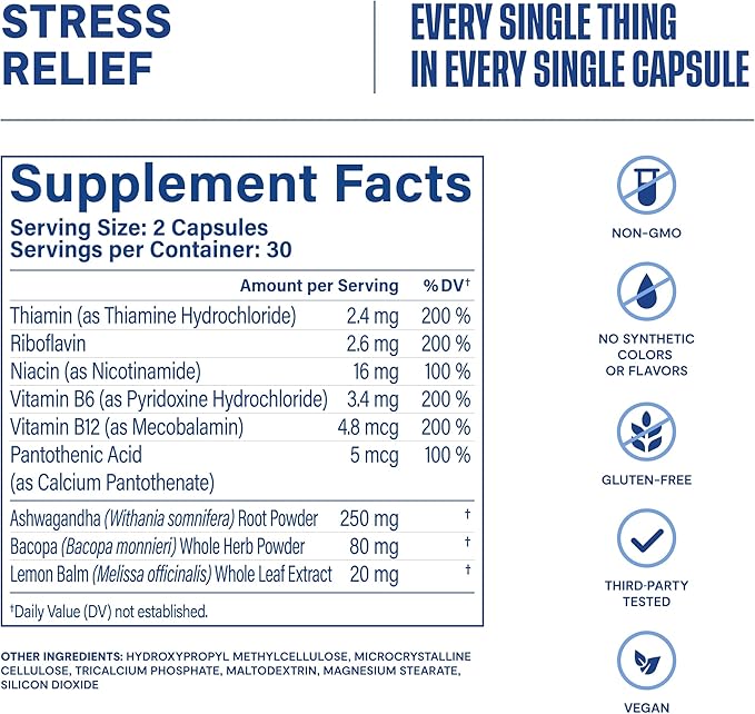 Habit Stress Relief Supplement 2 Pack (120 Capsules) - New Look, Supports Relaxation & Mood Balance, Vitamin B, Adaptogens, Lemon Balm, Calming, Vegan, Non-GMO