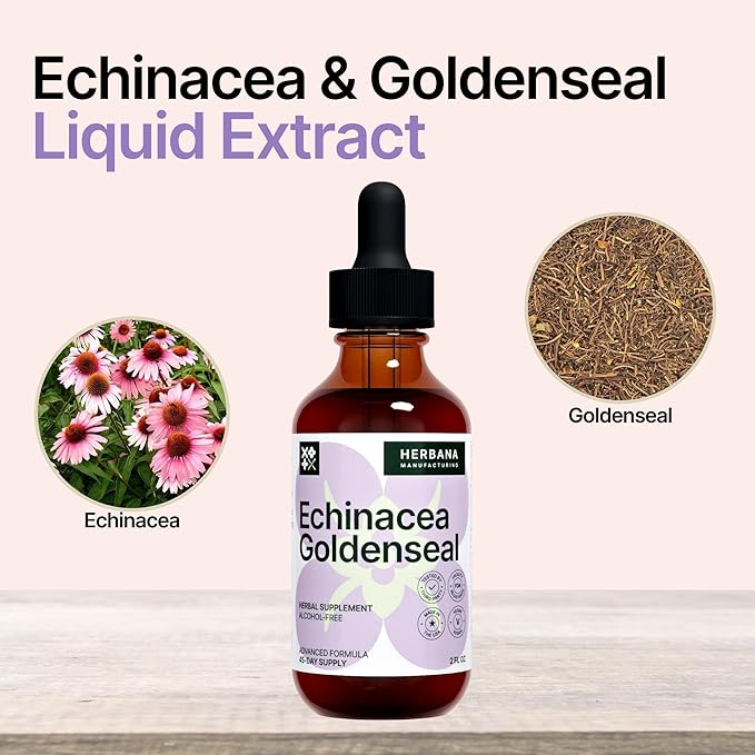 Echinacea and Goldenseal 2 fl oz Liquid Extract - Natural Herbal Supplement - Immune Support Drops - Enhance Sleep | Boost Energy - High Potency - 45-Day Supply