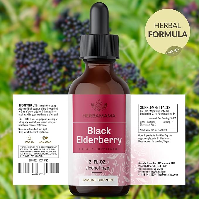 HERBAMAMA Black Elderberry Drops - Vegan Elderberry Liquid Extract for Immune Support - Non-GMO, Alcohol & Sugar-Free Immunity Supplement, 21-Day Supply