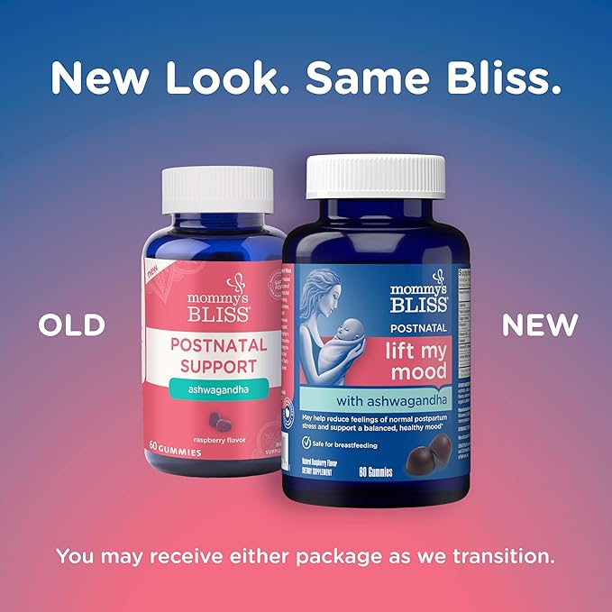 Mommy's Bliss Lift My Mood Postnatal Support Ashwagandha, May Reduce Stress & Support a Balanced Healthy Mood, Vegan, Delicious Rasberry Flavor, 60 Gummies (30 Servings)