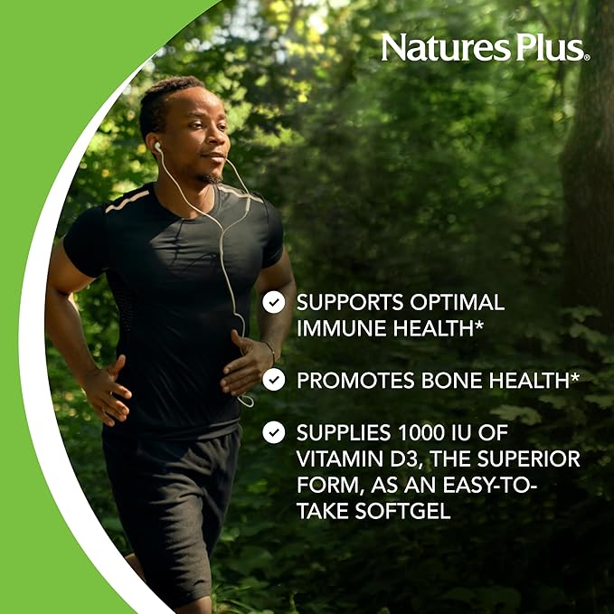 Natures Plus Vitamin D3 (Cholecalciferol) - 1000 iu, 180 Softgels - Nutritional Support for Healthy Bones & Immune System Support - Bioavailable Active Form - Gluten-Free - 180 Servings