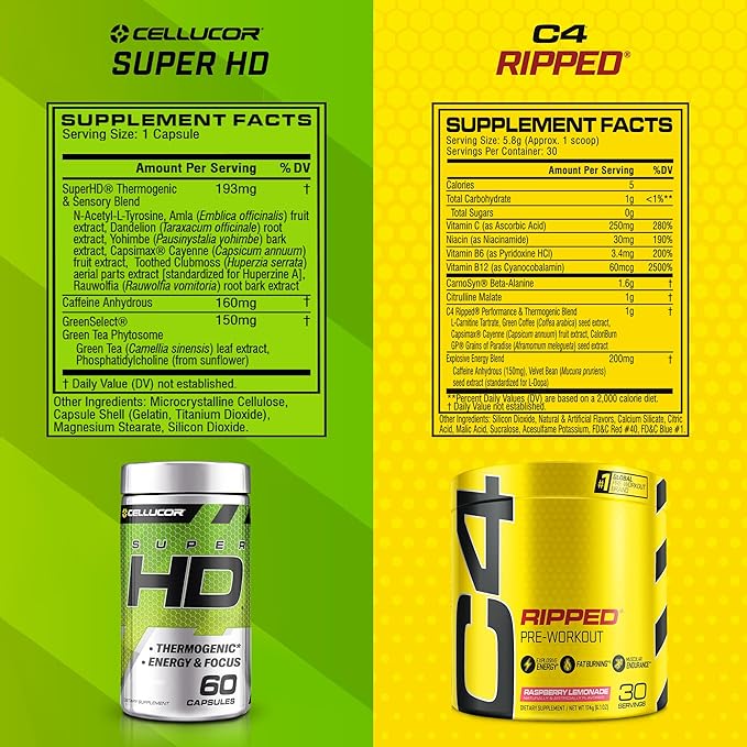 C4 Ripped & SuperHD, The Thermogenic Bundle, C4 Ripped Pre Workout Powder, Raspberry Lemonade 30 Servings + SuperHD with Capsimax and Green Tea Extract, 60 Servings