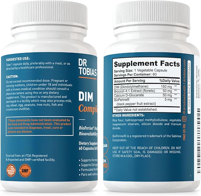 Dr. Tobias Omega 3 Fish Oil and DIM Complex Supplements, Supports Heart, Brain Immune Function and Hormone Balance for Women & Men with BioPerine, Borccoli Extract & Calcium D-Glucarate, 60 Capsules